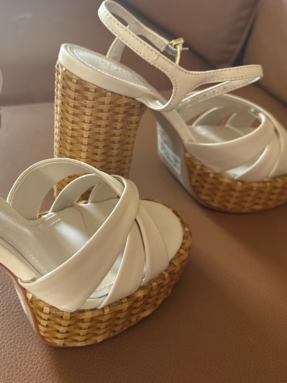 SCHUTZ Cream Woven-Platform Ankle Strap Sandals never worn size 7.5